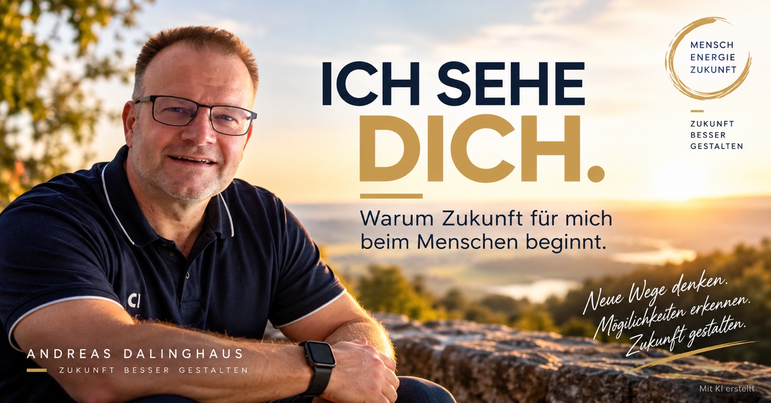 Andreas Dalinghaus vor einer Landschaft mit dem Schriftzug Ich sehe dich – Warum Zukunft für mich beim Menschen beginnt